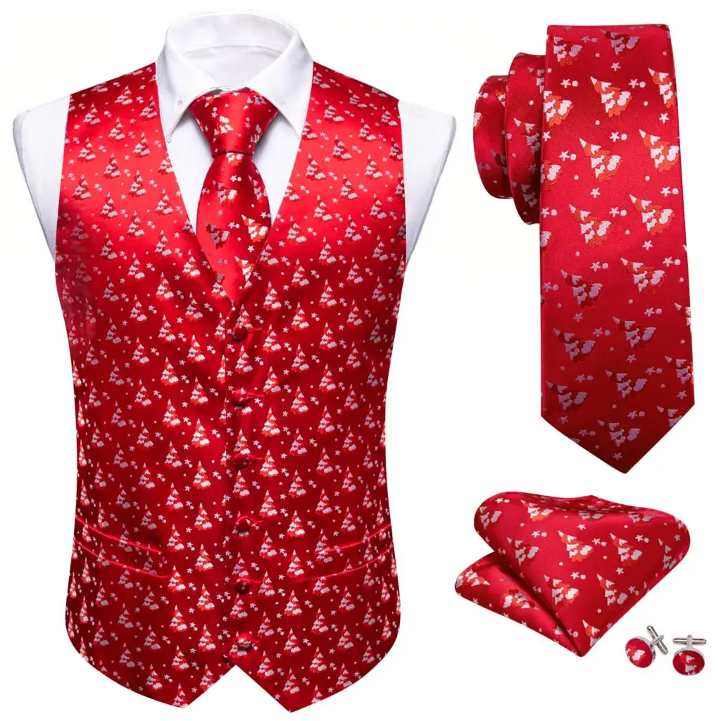 Luxury Silk Christmas Men Vest Red Xmas Trees Waistcoat Tie Pocket Square Set Sleeveless Jacket Formal Party Suit Barry Wang