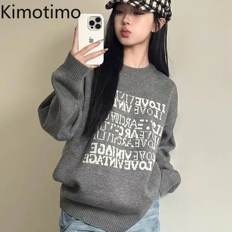 

Kimotimo Vintage Gray Letter Jacquard Sweater Women Autumn Winter Round Neck Loose Pullover Fashion Casual Versatile Knit Tops
