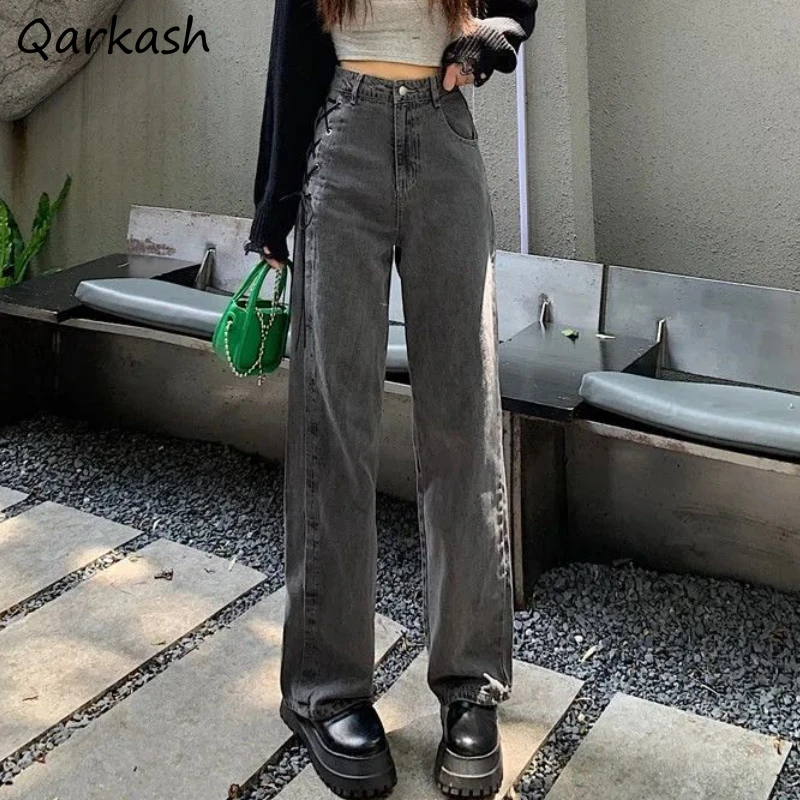 

Baggy Jeans Women Aesthetic Lace-up Design Vintage Streetwear Solid Summer Trousers Wide Leg Mujer Casual Cool Ulzzang Basics