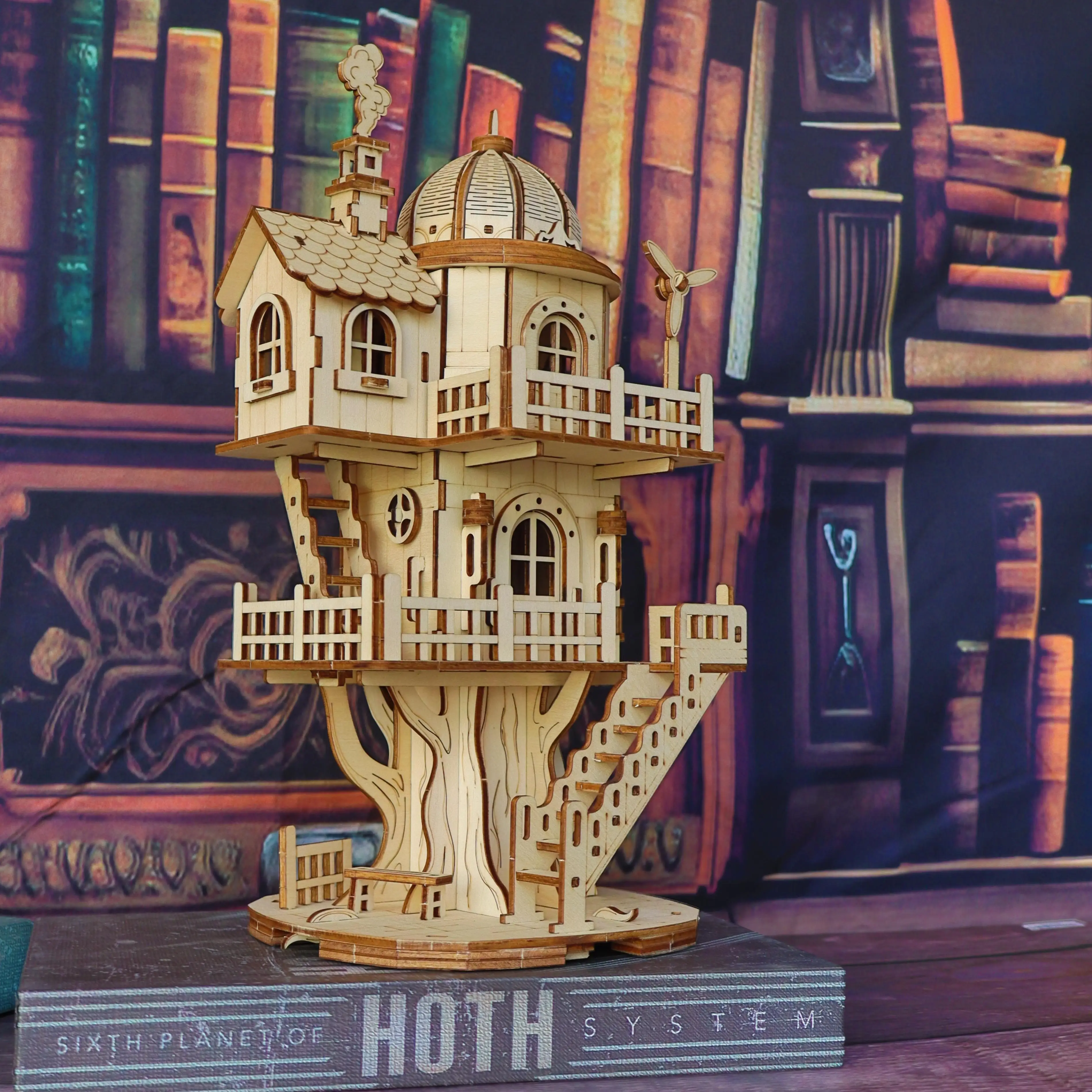 3D wooden puzzle model of treehouse, wooden forest cottage villa, multi story dome building assembly model, handmade DIY creativ