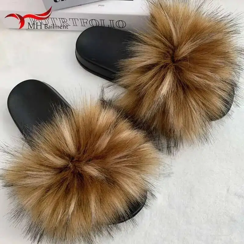Faux Fur Slippers Women Soft Home Furry Fluffy Sandals Female Casual Flops Slides Winter Warm Flat Shoes Plus Size 36-45