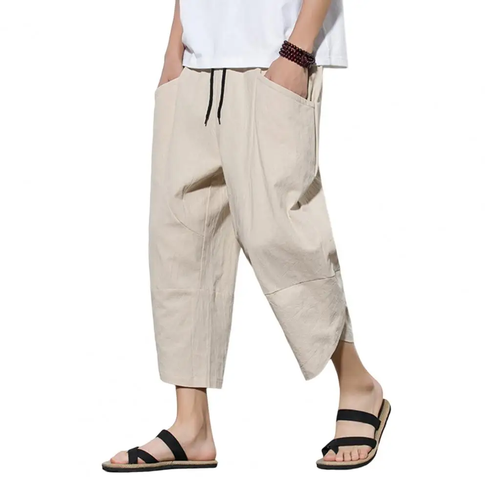 Pantalones recortados con cordón para hombres, pantalones de chándal de pierna recta, bolsillo de pierna, estilo étnico, longitud media de