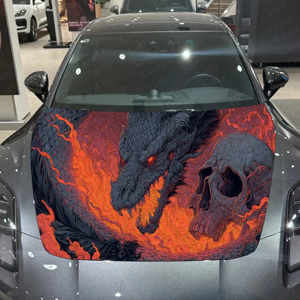 Awesome Fiery Dragon Skull Car Hood Stickers - Self-Adhesive, Waterproof and Durable Vinyl Wrap, Decorate And Protect Your Car -