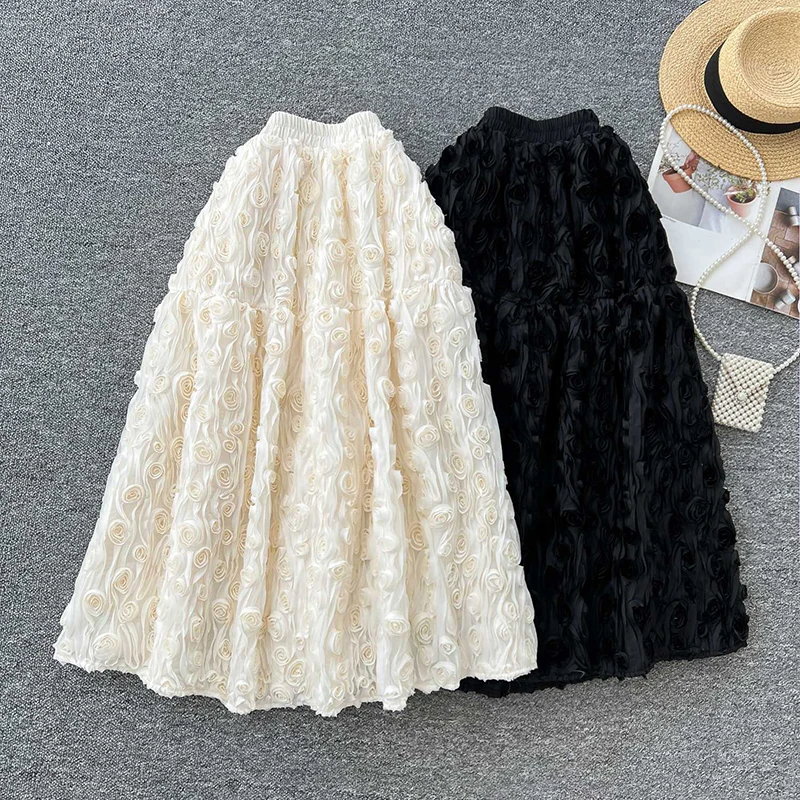 High end heavy industry three-dimensional flower skirt women elegant French style elasticity A-line fluffy mid length skirt