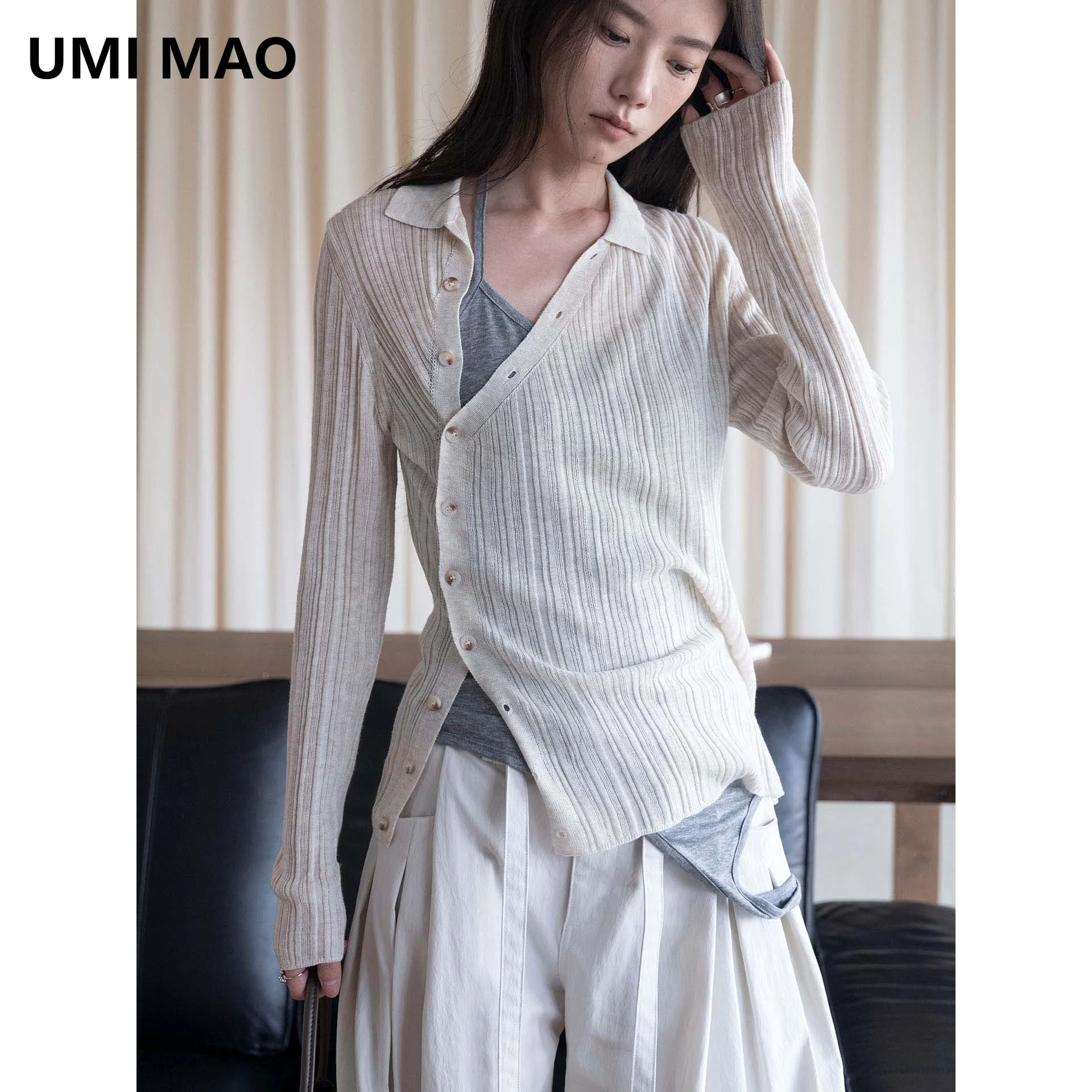 UMI MAO Loufu Autumn New Korean Style Fashionable Lapel Irregular Diagonal Button Silky Wool Knit Slim-Fit Cardigan For Women