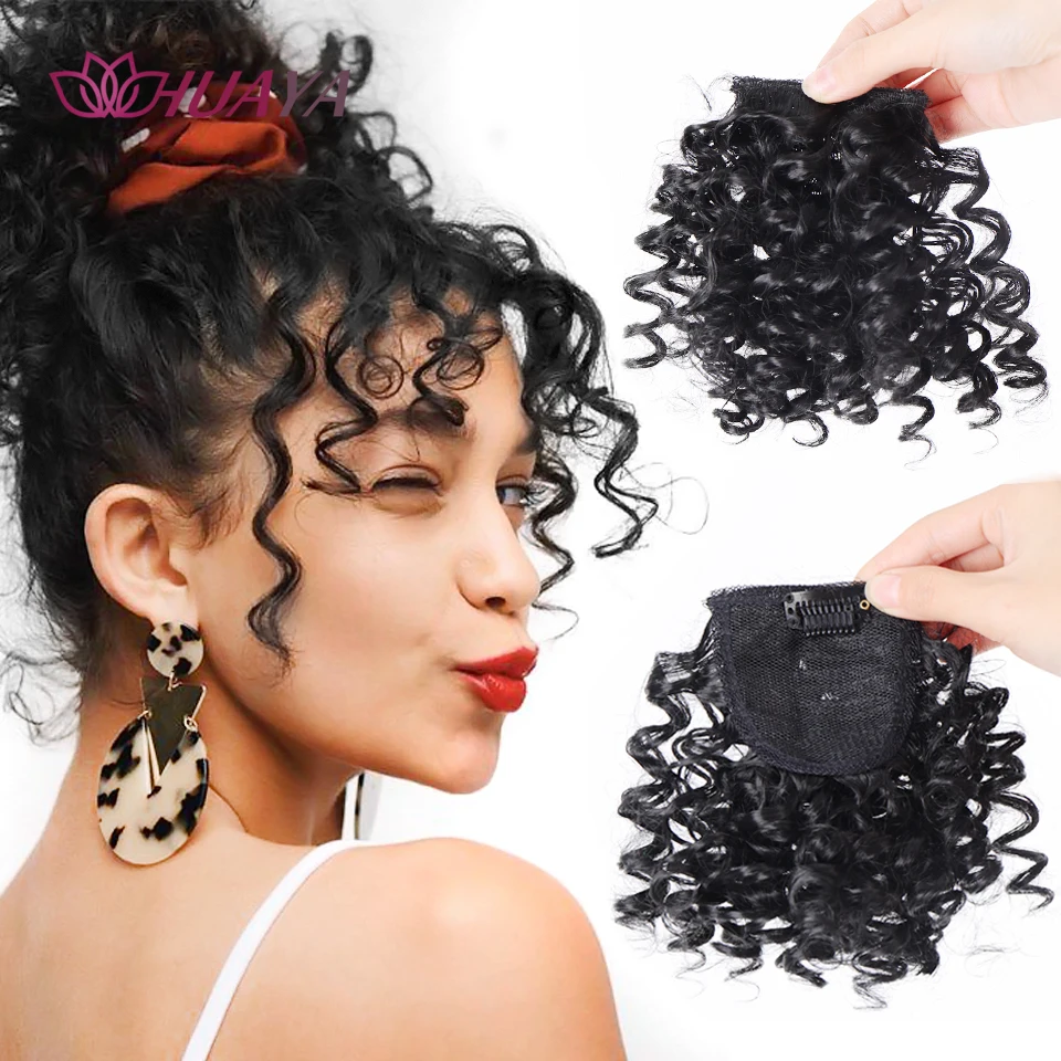 

HUAYA Synthetic Curly Hair Bangs Clip In Hair Extensions High Temperature Fiber Front Fake Fringe Hairpiece For Women