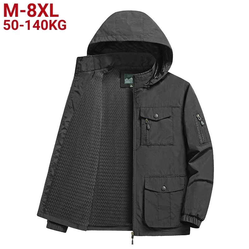 Waterproof Multi-Pockets Outdoor Jackets Men Cargo Khaki Green Windbreaker Hooded Removable Coats Plus Size 6xl 7xl 8xl