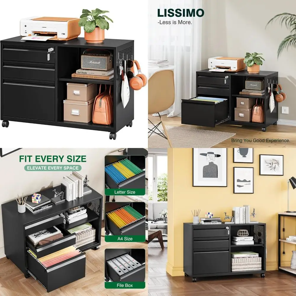 Secure 3-Drawer Metal File Cabinet with Lock, Mobile Lateral Filing System, Printer Stand Storage Cabinet with Shelves for Home