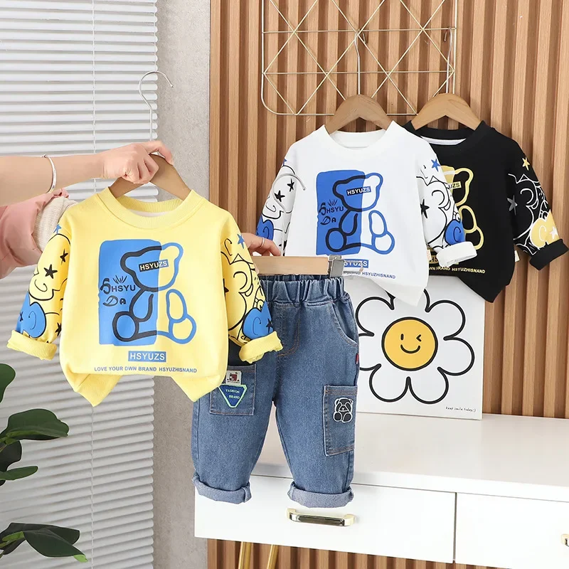 2024 New Spring Baby Boy Clothes 1 to 5 Years Causal Cartoon O-neck Pullover Long Sleeev T-shirts and Pants Kids Boys Outfit Set