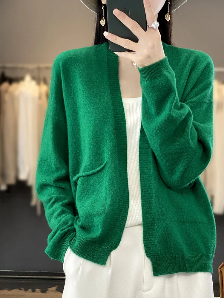 Spring Autumn New Women Fine Wool Blend Sweater V-neck No Buckle Knitted Cardigan Casual Loose Bottoming Coat Versatile Tops