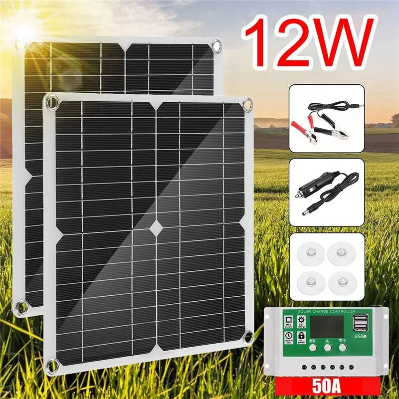 

Exquisite- 12W Solar Panel Kit 50A 12V Battery Charger with Controller Caravan Boat