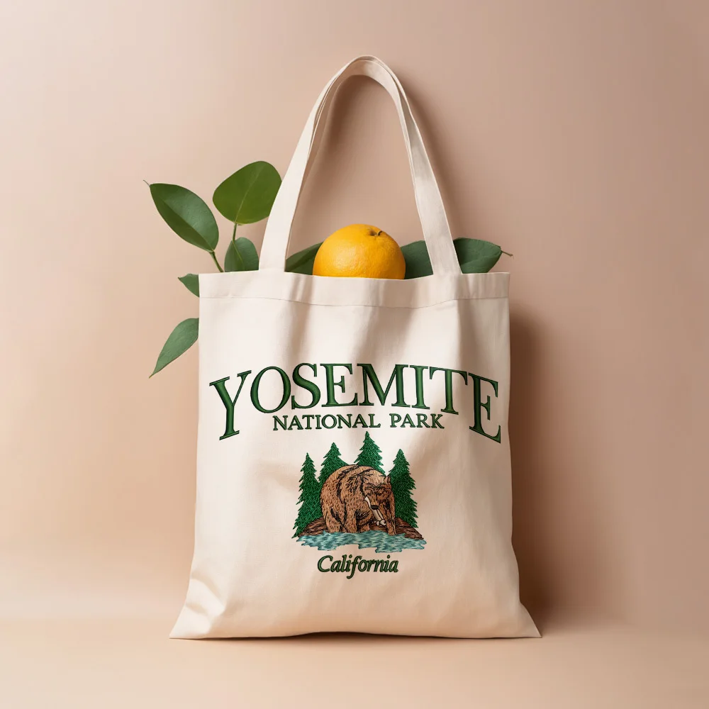 A Yosemite National Park printed canvas tote bag, suitable f