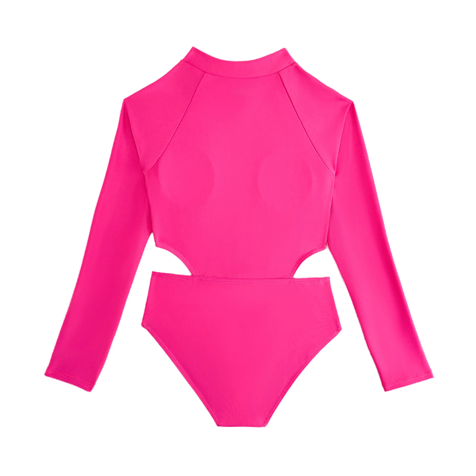 Kids Girls Pink Long Sleeves Swimsuit Removable Chest Pads Zipper Bodysuit Cutout Color Block Bathing Suit Summer Beach Swimwear