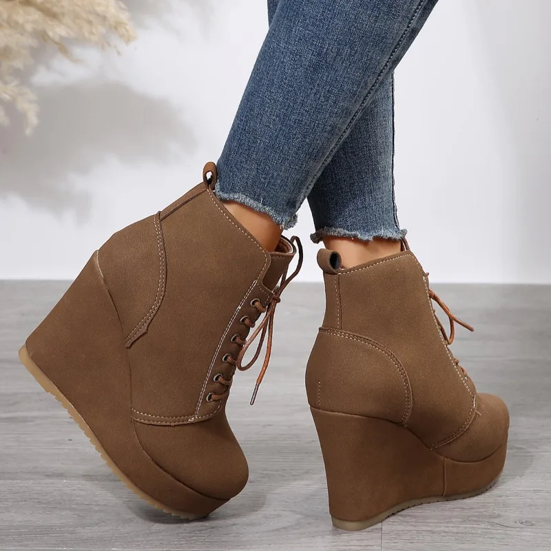 Roman Ladies Shoes 2023 Retro Lace Up Women\'s Boots Comfortable Wedge Platform Boots High Quality Winter Warm Brown Modern Boots