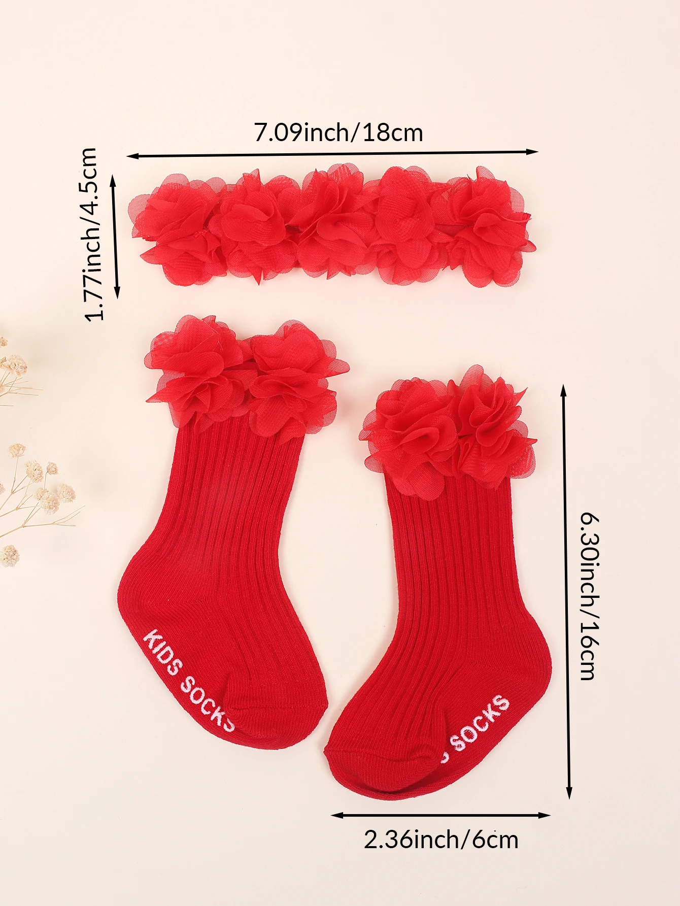 Baby Flower Headbands Mid Socks 2Pcs Red Set Soft Bows Hairband Cotton Knitted Socks Girl Infant New Year Shower Gift