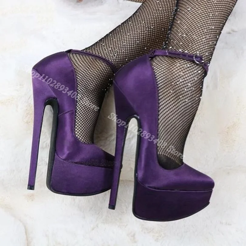 

Purple Silk Platform Sexy Pumps Ankle Buckle Solid Thin High Heels Shoes British Style Fashion Pumps 2024 Zapatos Para Mujere