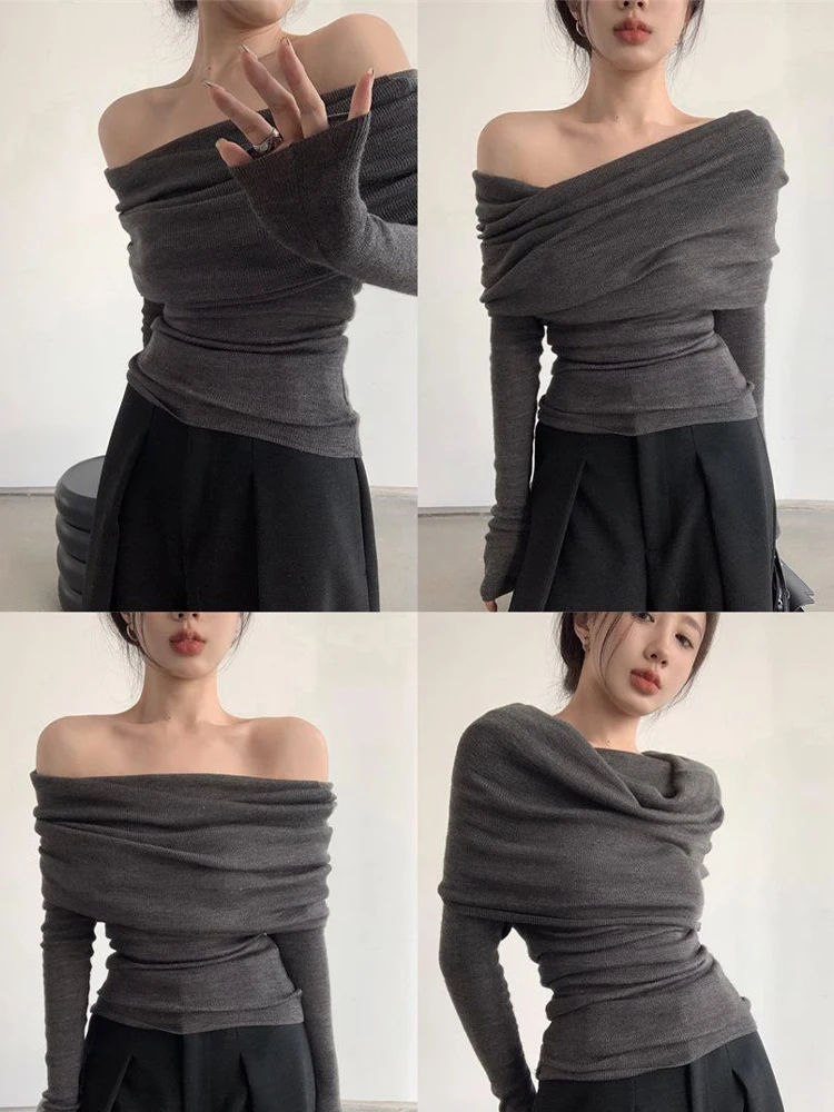 Off Shoulder Long Sleeve Tops Women Autumn Slim Pleated T-shirt Female Sexy Fashion Casual Thin Knitted Sweater Ladies 2023