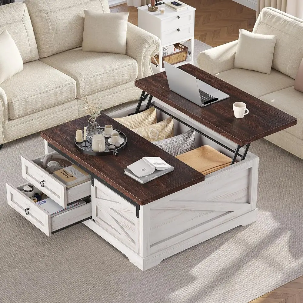 

Farmhouse-Style 39.4 Square Coffee Table with Storage, Lift Top and Adjustable Shelves, White
