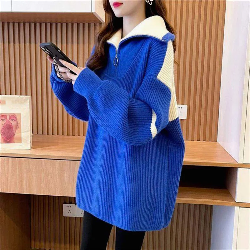 

Women Thicken Blue Sweater Spring Autumn Mid-Length Knitted Pullovers Jumper Female Korean Loose Color Blocked Sweaters Coat