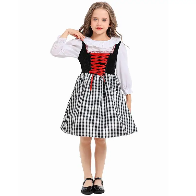 Kid Bandage Plaid Dresses Red Hooded Cloak and Apron 3Pcs Set Halloween Maid Cos Red Cape Dress Children's Stage Party Costume