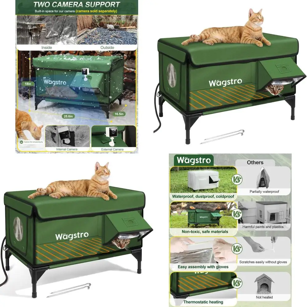 

Insulated Outdoor Heated Cat Shelter, Waterproof Eaves, Escape Door, for Feral Cats (Green, 25.6x16.5x18 inches)