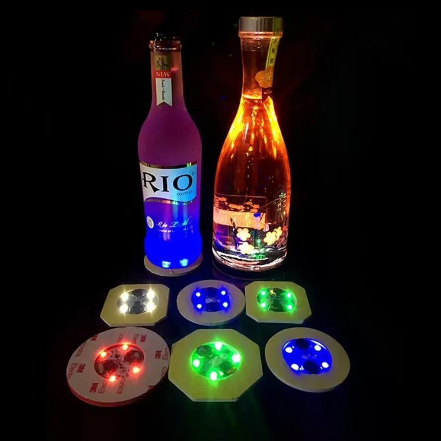 10/5PCS LED Coaster 3 Modes with Battery Powered Wine Glass Mat Cup Pad Sticker Bottle Drinking Club Bar Party Decor Night Light