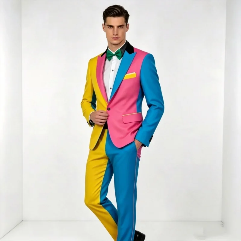 Men's Irregular Colorful Blazer And Pants Suit for Magician Clown Performance Stage Outfit Hip Hop Singer Host Club Costume