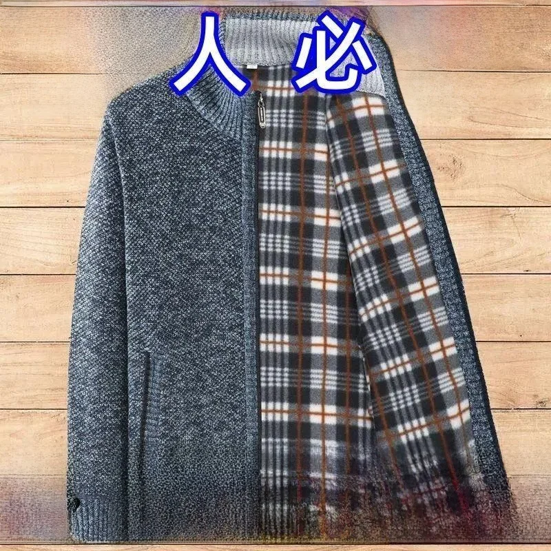 

Thiened из чистого хлопка, вязаный открытый кардиган на молнии, мужской осенне-зимний свитер, верхняя одежда для папы, свободная посадка, длинная све-стойка...