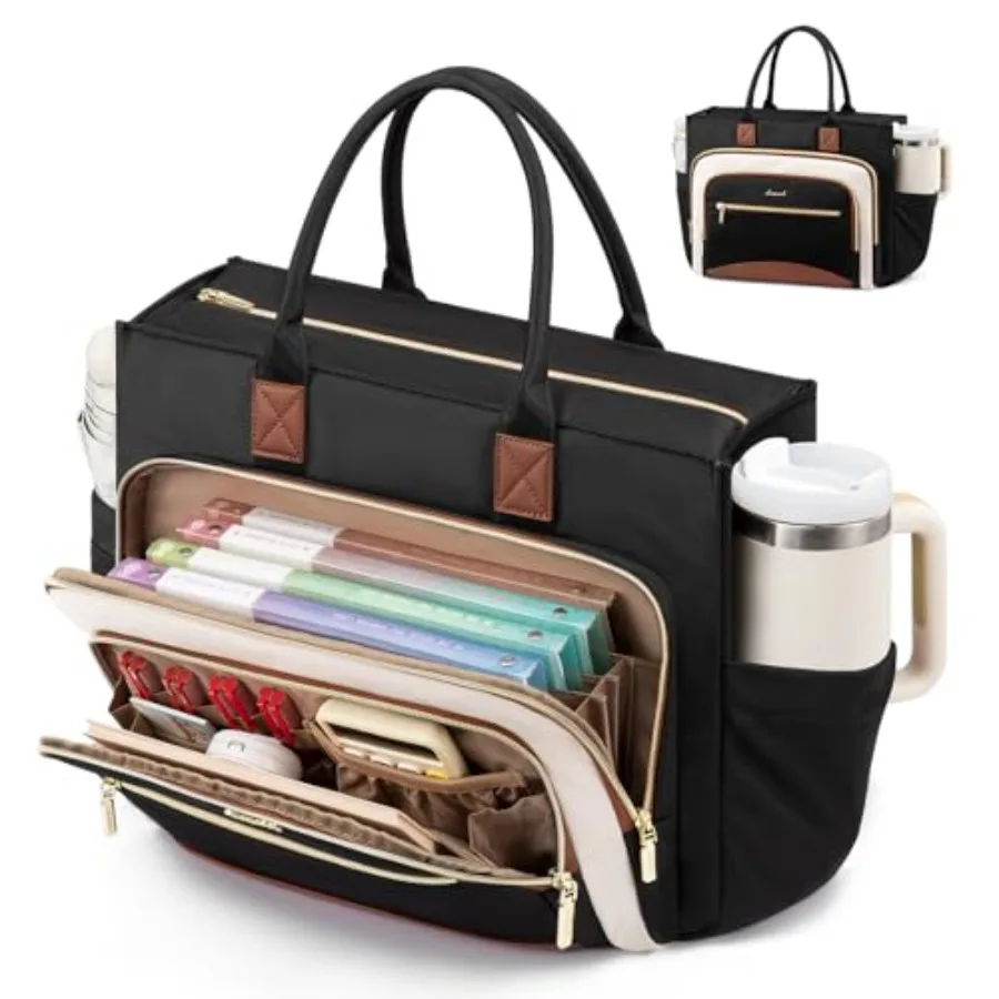 

Teacher Tote Bag for WomenLaptop bag with Large Cup Holder Work bag with Accordion File Organizer Pocket Multi-Pockets Professi