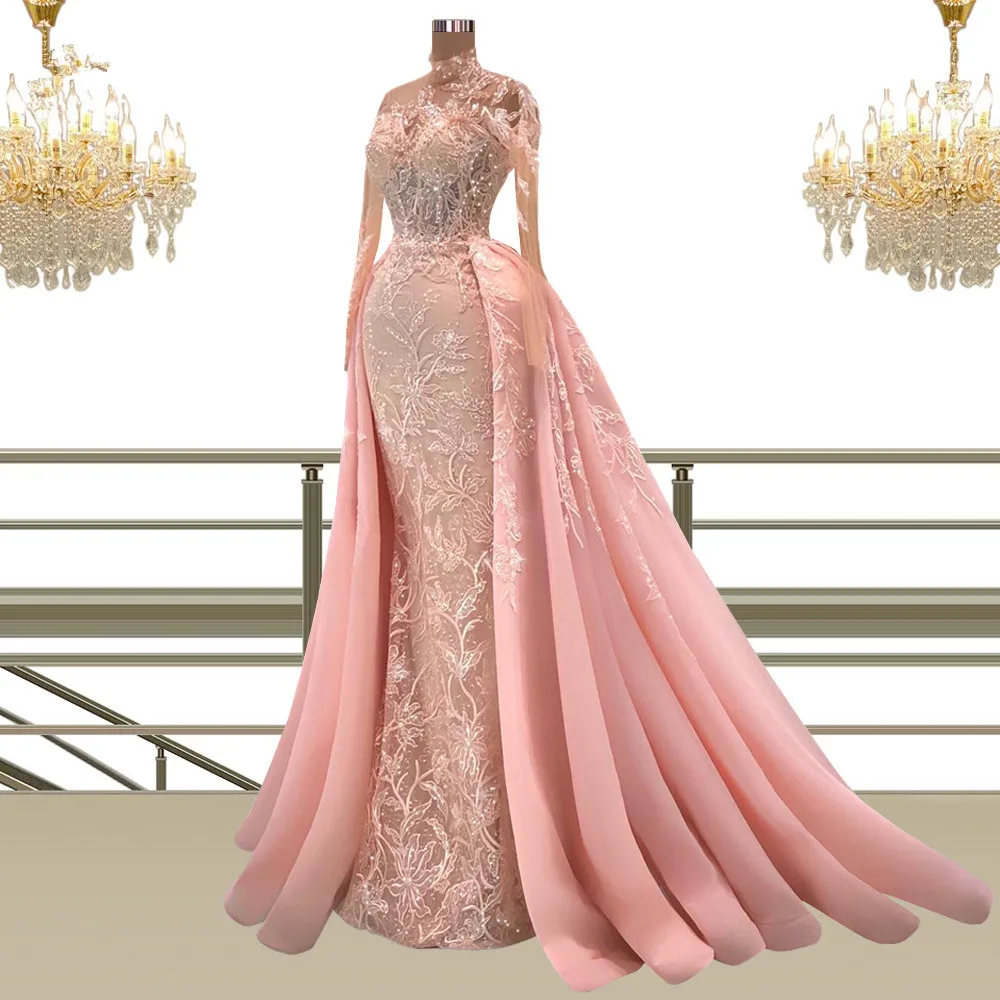 Pink Prom Dresses Mermaid Long Sleeves Appliques Pearl Long Dubai Saudi Arabia Prom Gown Evening Robe De Soiree Haute Customized