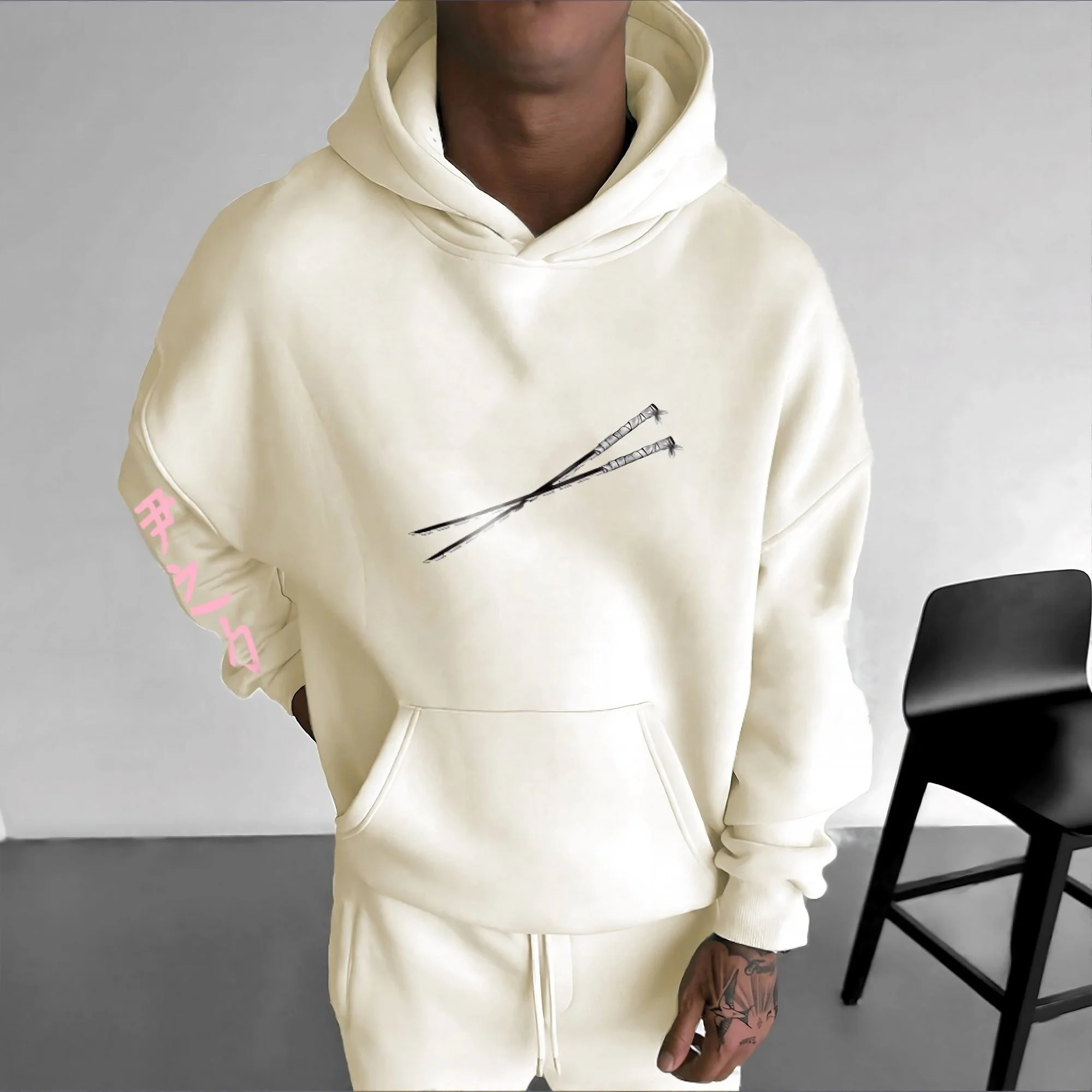 Sudadera con capucha beige Kimetsu No Yaiba con Inosuke Hashibira, doble espada, estampado en la espalda, máscara rosa, diseño frontal, manga con patrón animal, Anime