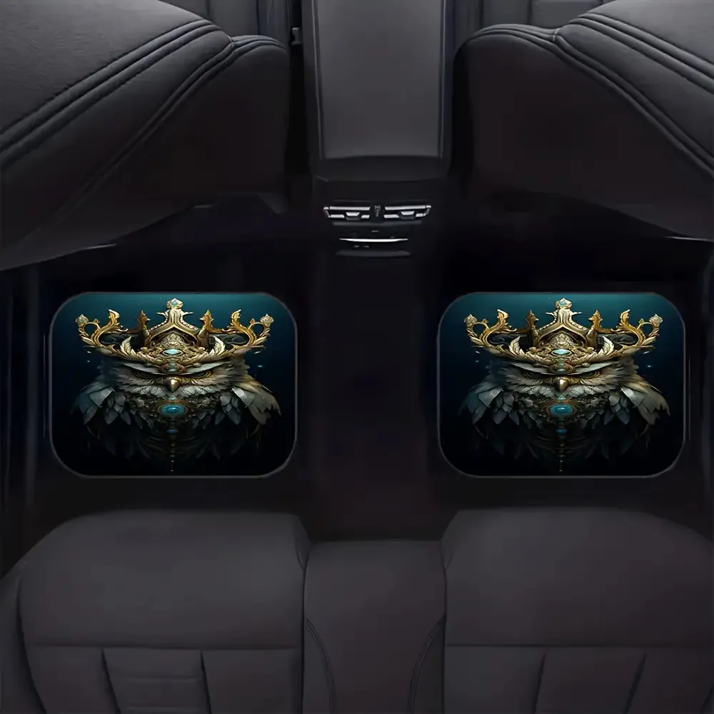 4pcs Luxury Crowned Owl& King Car Floor Mat Set, Blue/Golden Synthetic Gemstone-Encrusted Design