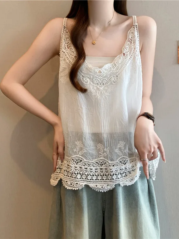 Lace Hollow out Strap Vest Women's Outerwear Spring Summer V-neck Sleeveless High Waist Line Korean Style plus Size Top