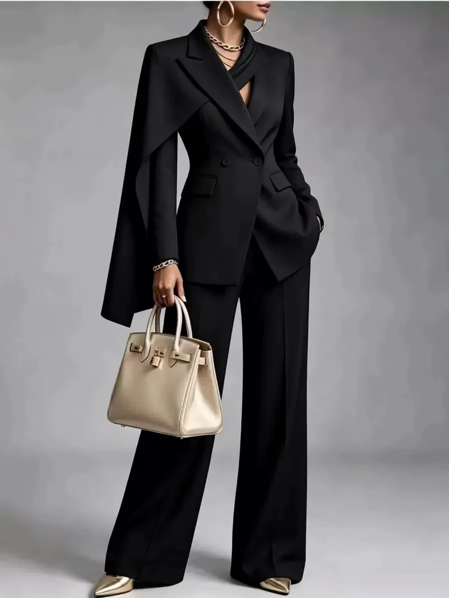 2026 European and American Fashion Asymmetrical Design Cloak-style Suit with Wide-leg Pants Two-piece Set