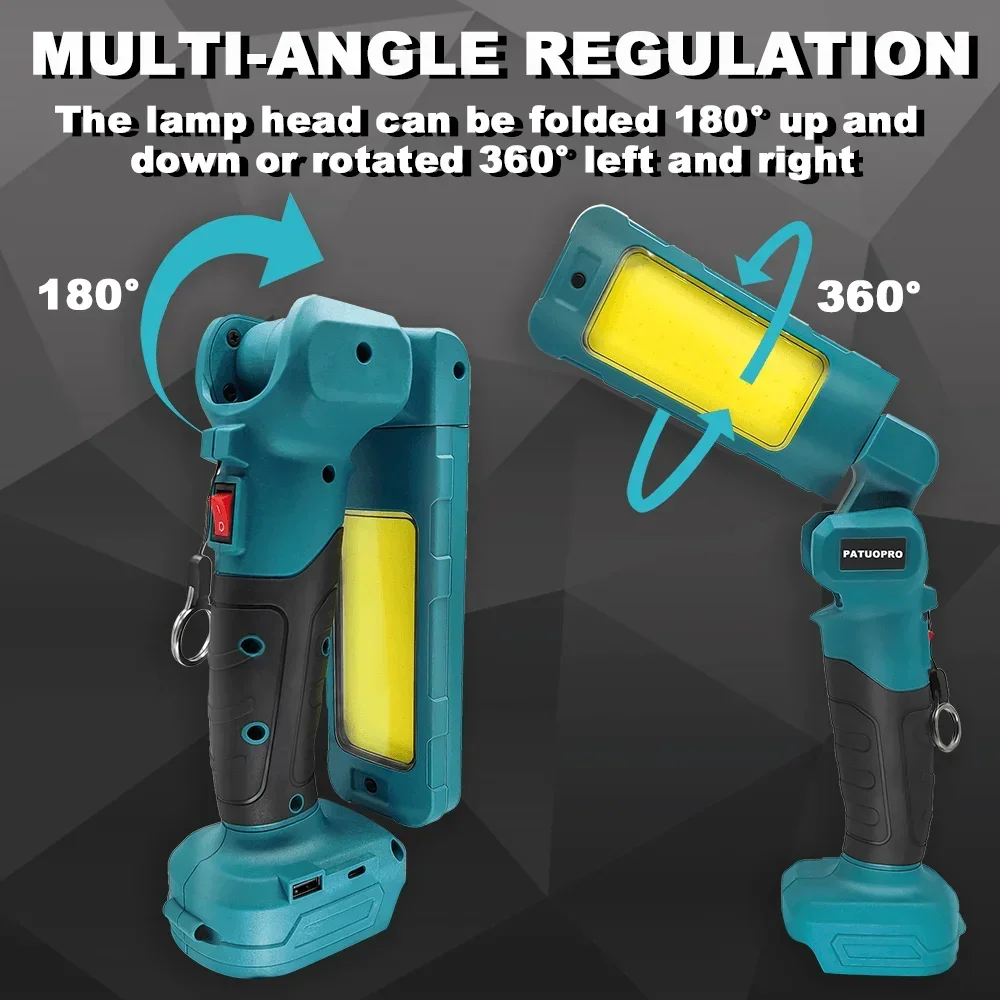 PATUOPRO Cordless LED Work Light With USB+Type C Portable Spotlight Suspendable Lanterns For Makita 18V Battery (No Battery)