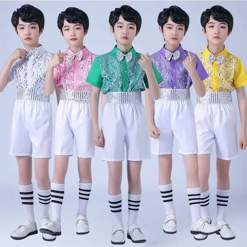 Children's Sequins Set Performance Clothing Boys Summer Set Chorus Stage Performance Clothing Performance Clothing sequin outfit