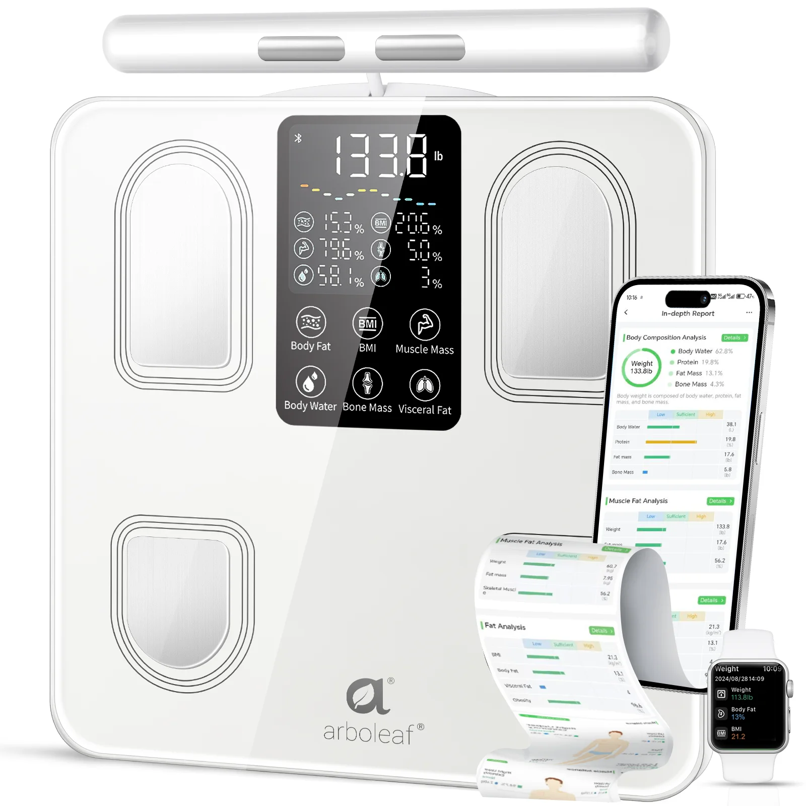 Arboleaf 8-Electrode Smart Body Fat Scale with Handle, Full Body Composition Analyzer, 50+ Body Metrics, Segmental Analysis, 7-in-1 LED Display, APP Sync