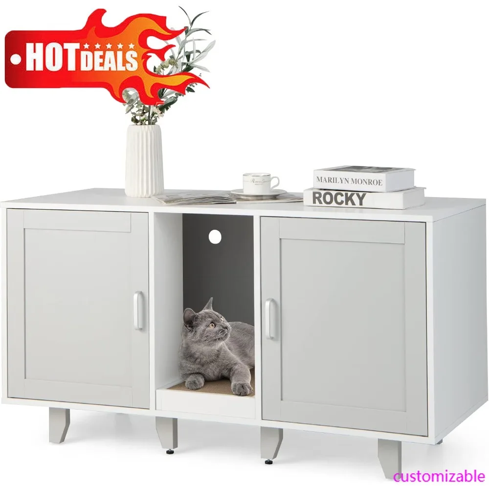 

Корпус лотка для 2 лотков для мусора, скрытая подставка для телевизора в туалете для кошек, торцевой столик с 2 шкафами, когтеточка, комнатный кошачий ли-