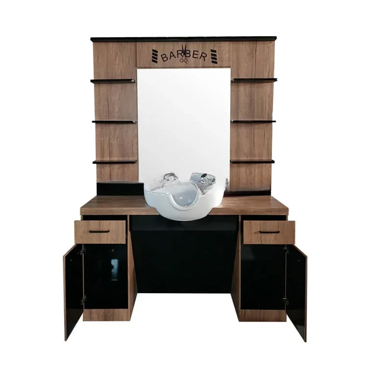 

zz wood color champion barber station with white sink classic barber station mirror hair washing station