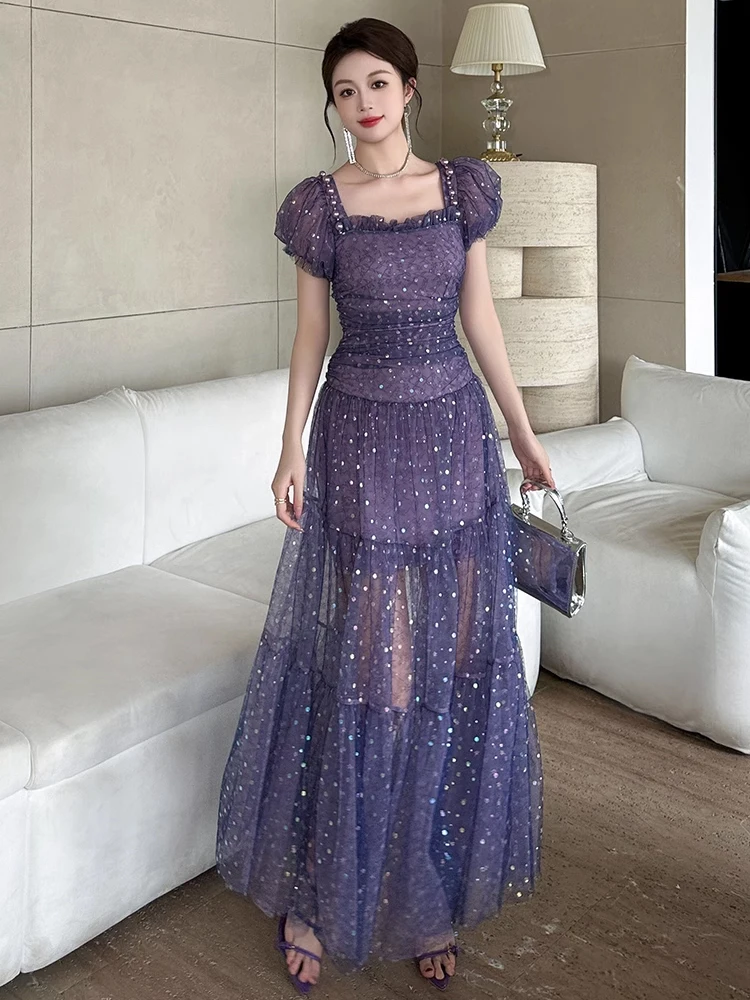 French Romance Evening Prom Dress Women Clothes Purple Mesh Bright Shiny Sheer Sexy Folds Maxi Robe Birthday Party Club Vestidos