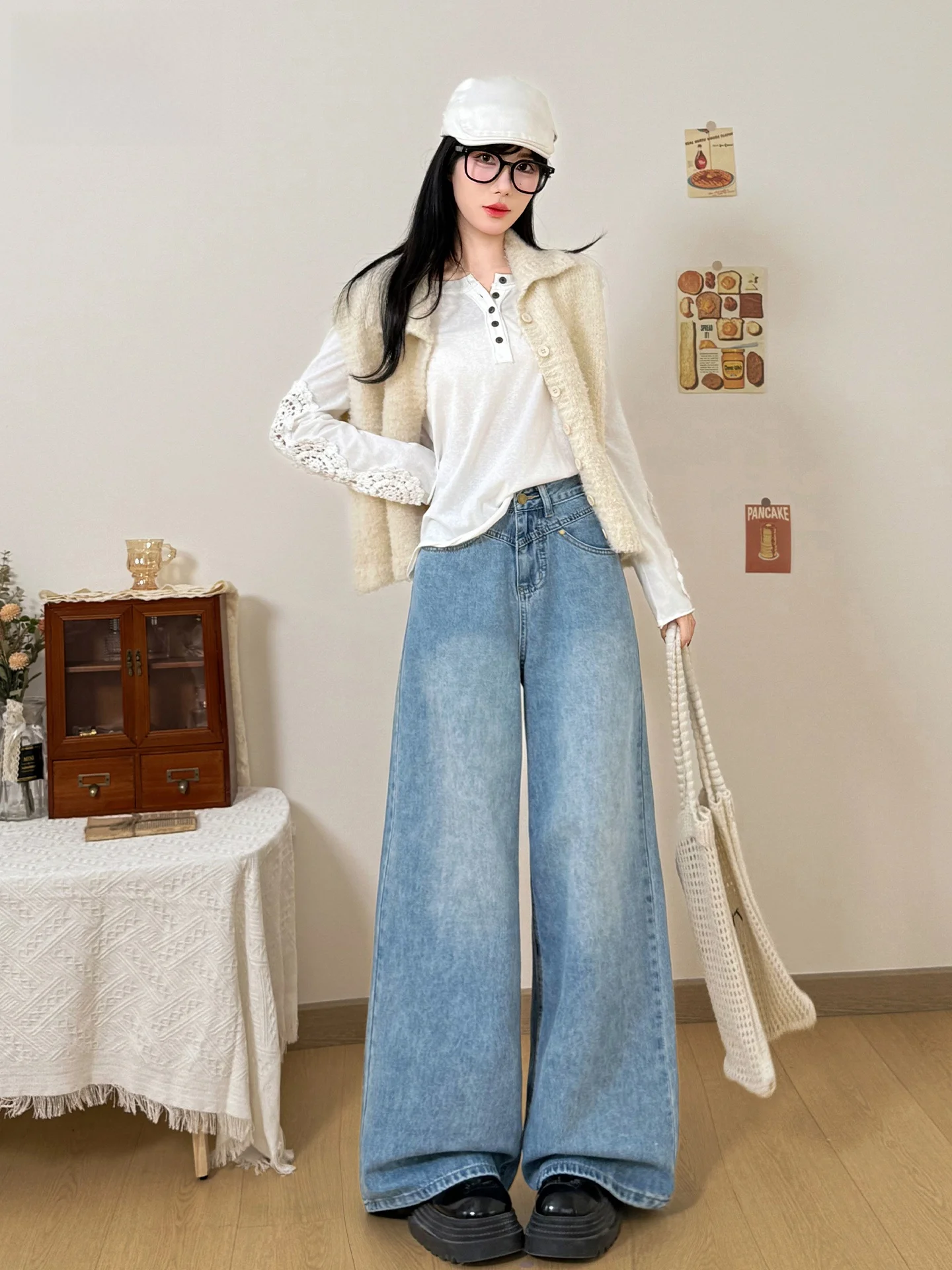 

Американские джинсы с высокой талией и прямыми штанинами для женщин, летние, новые, в стиле Lazy Style, свободные, стройнящие, широкие брюки в пол