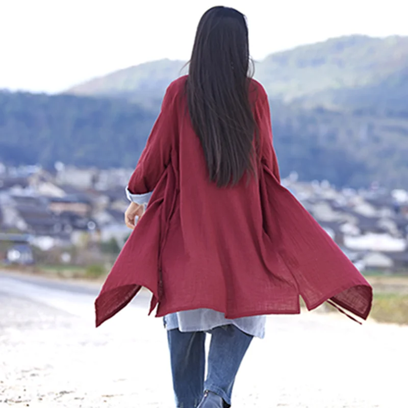 Women Linen Kimono Robe Chinese Style Frog Button Wrap Dress V‑Neck 3/4 Sleeve Side Tie Loose Long Blouse Bohemian Oversized Tun