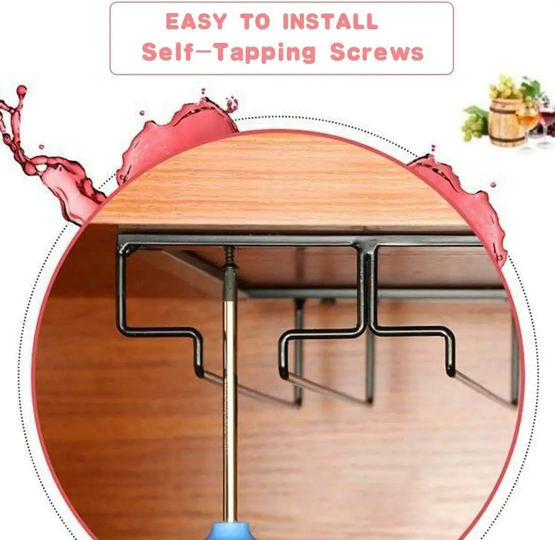 Under Cabinet Stemware Holder - Metal Wine Glass Rack Organizer for Kitchen Bar Storage, Gold Finish