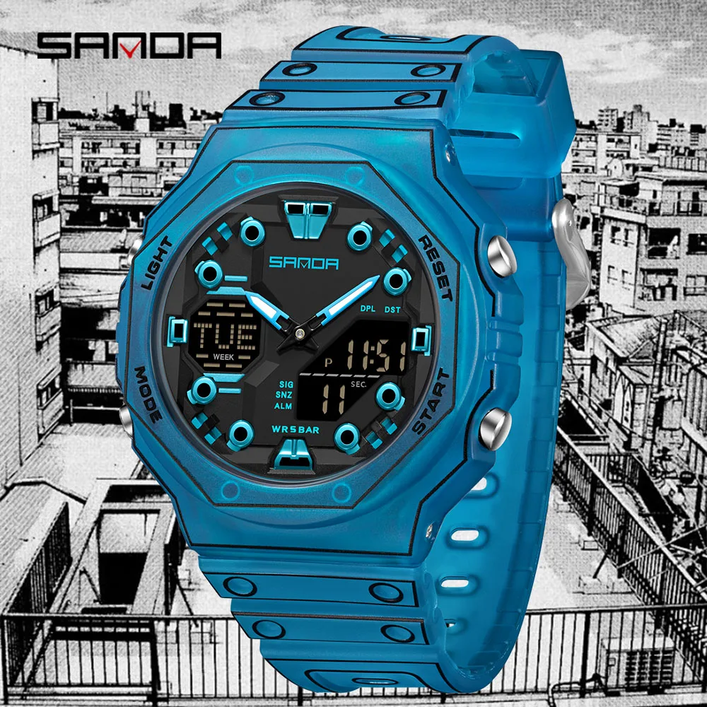 SANDA 6507 Dual Display Students Luminous Fashion Electronic Quartz Watches for Man Alarm Clock Shockproof Sports Digital Watch