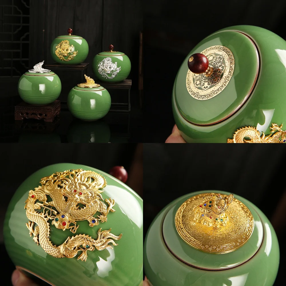Longquan Celadon Tea Canister Household Ge Kiln Longquan Glaze Ice Crack Sealed Moisture Proof Tea Storage Container