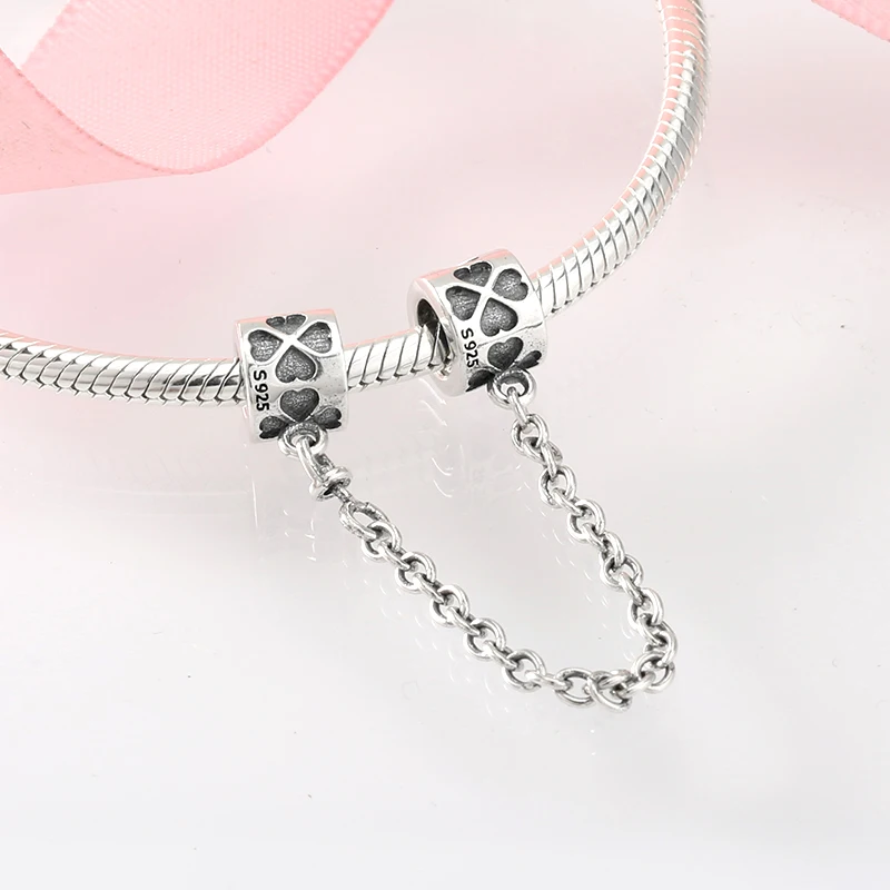 Real 925 Sterling Silver Charms Bead Heart Flower Round Shape Safety Chain Charms Fit Original Charm Bracelet Jewelry Making