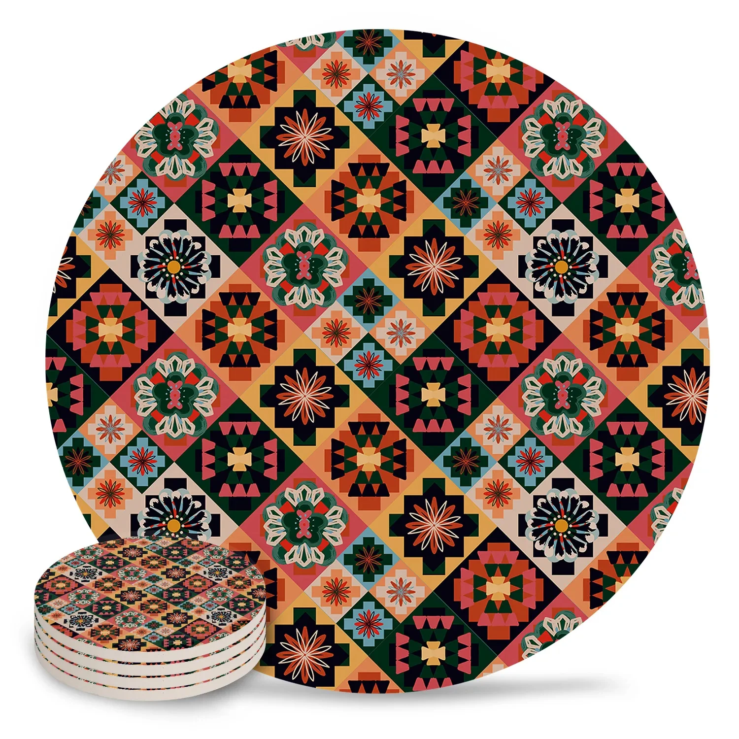 Blue Bouquet Flower Plaid Placemat Ceramic Coaster Round Glue Non-slip Cork Backing Cup Pad Set Drink Insulation Glass Cushion