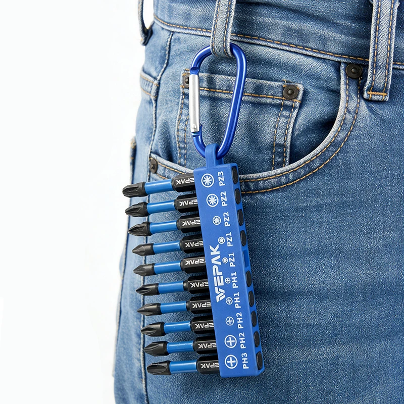 

VEPAK 10PCS Impact Driver Bits Set PH/PZ1 Magnetized Tips Cross Pozidriv Bits with Carabiner Storage Bag VP1BSP50-10