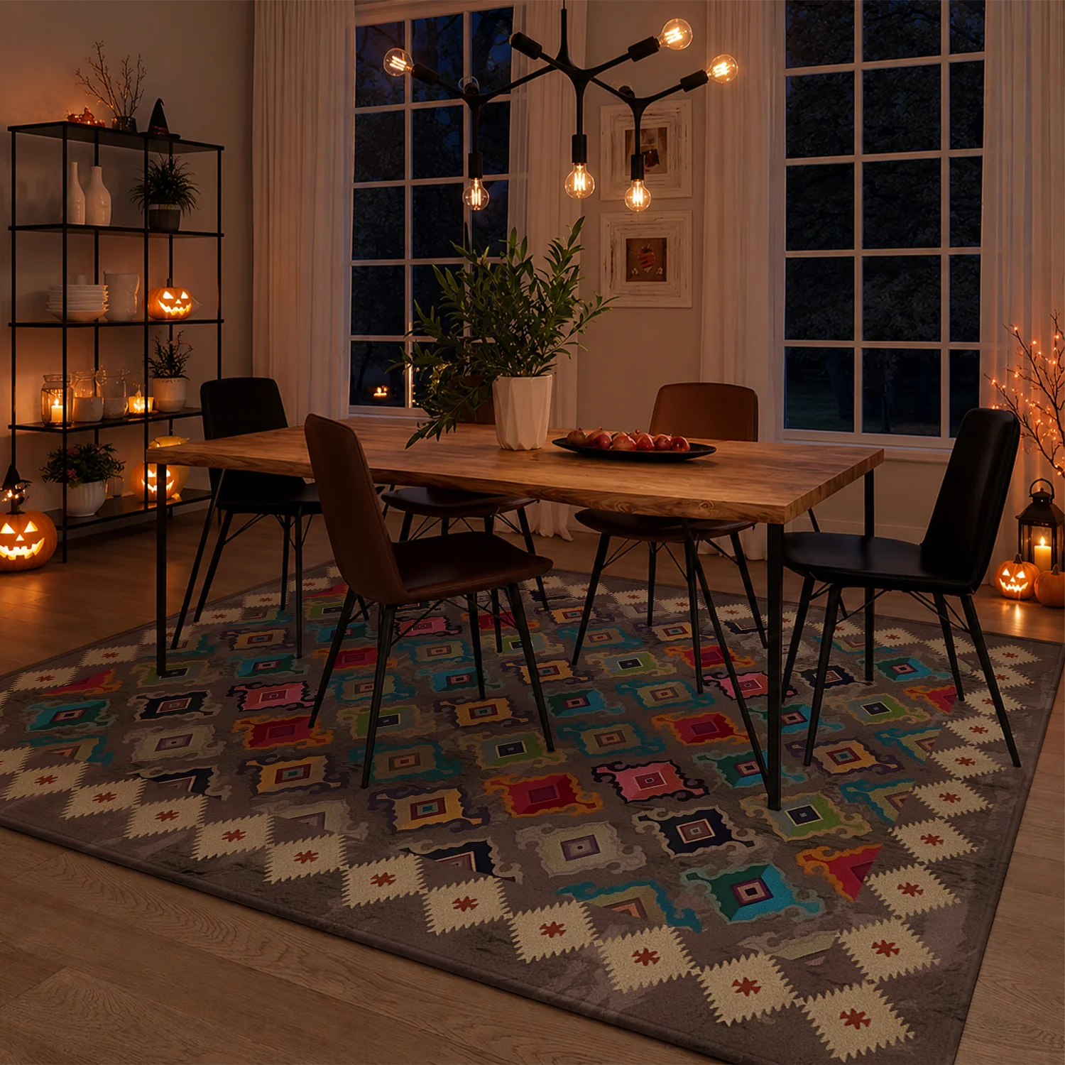 Large Indoor Area Rug, Soft Velvet Low Pile Non-Slip Dotted Backing, Machine Washable Bohemian Geometric Kilim Pattern Rug, Multicolor Accent for Living Room, Bedroom, Entryway