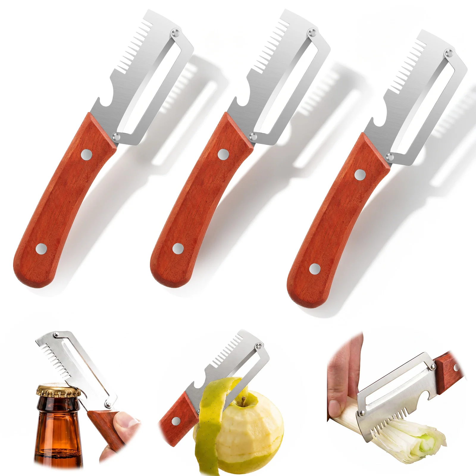 1/3Pcs Multifunctional Vegetable Peeler Multi-angle Serrated Peeling Knife With Wooden Handle And Bottle Opener Kitchen Gadget